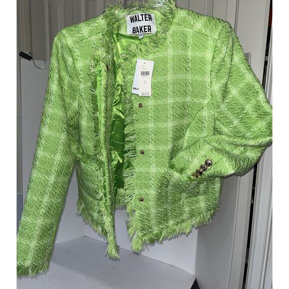 Walter Baker Tweed Blazer Jacket Size Large Lime Green Fray Edge Cropped NWT - Picture 1 of 10
